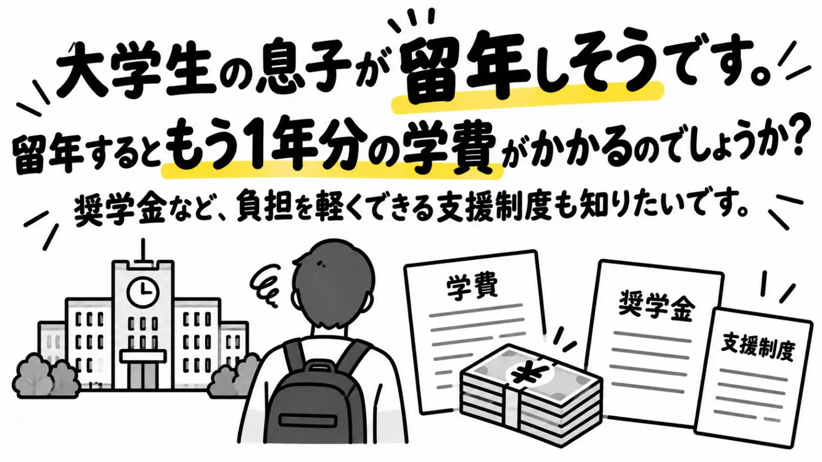 大学生の息子が留年しそうです。留年するともう1年分の学費がかかるのでしょうか？ 奨学金など、学費の負担を軽くできる支援制度があれば教えてください。