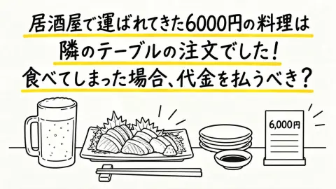 居酒屋で「こちらです」と運ばれた6000円の料理を食べ終えた直後、店員から「隣のテーブルの注文でした」と告げられました。頼んでいない料理でも、食べてしまった以上は代金を払うべきなのでしょうか？